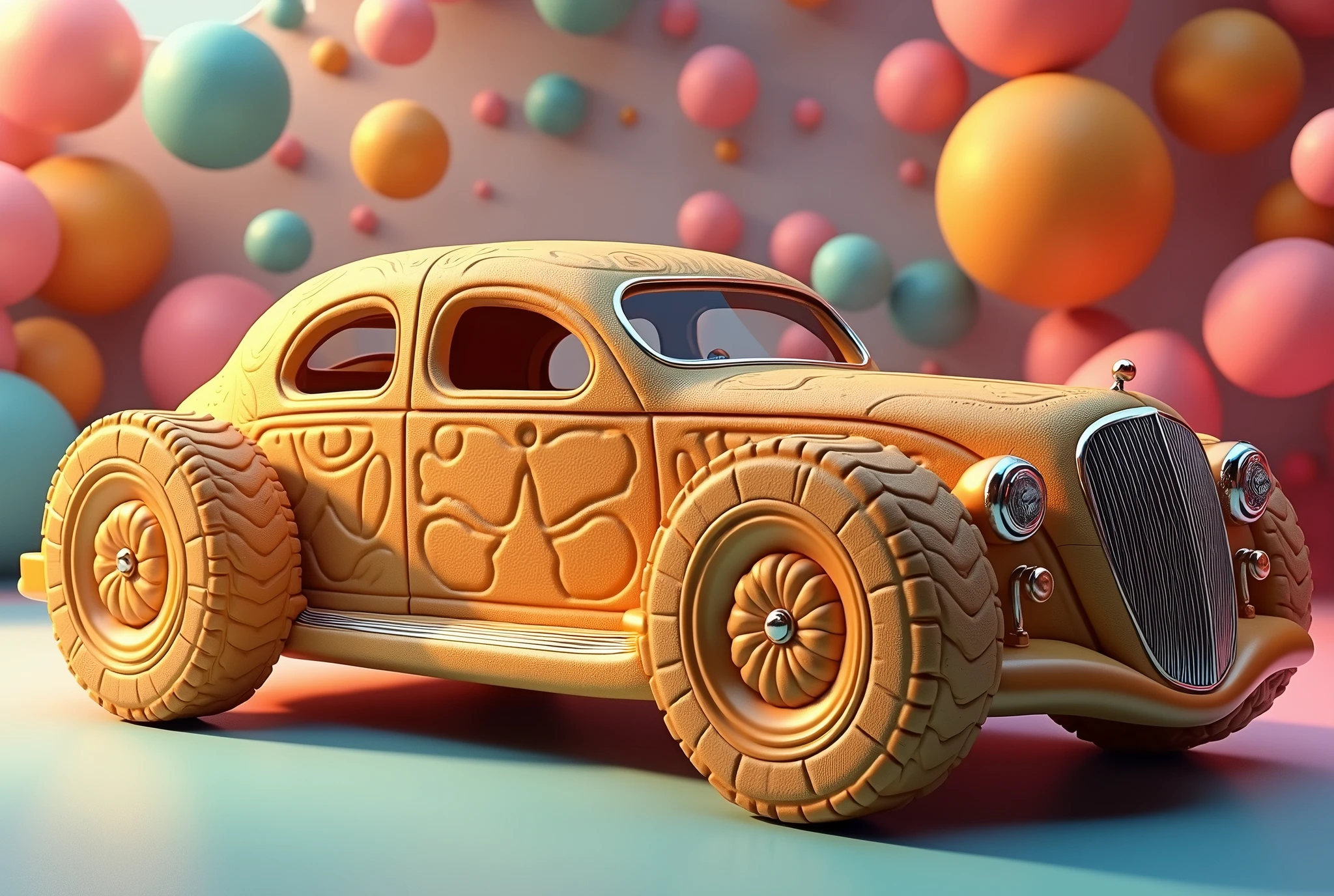 A high quality digital artwork of a (waffle) limousine on wheels made of round (biscuits), creative concept, whimsical, colorful, fantasy vehicle design, detailed, artistic rendering, unique transportation, imaginative, side view, vibrant colors, intricate patterns, 4k.