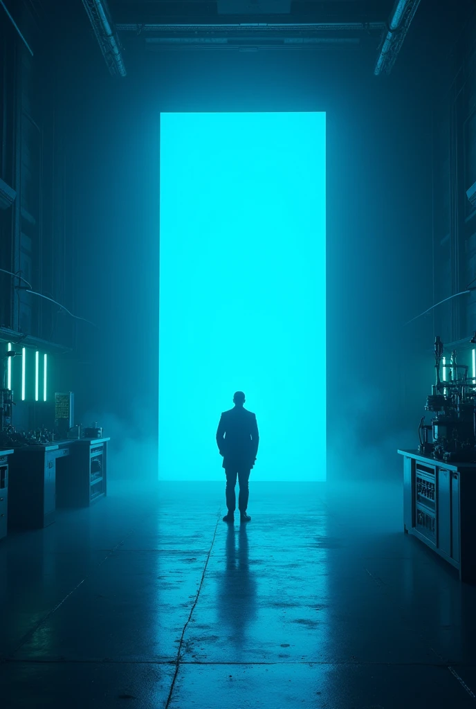 A wide shot of the laboratory bathed in an eerie blue light, moments before the device activates. The room is empty except for John and the glowing device. The shadows cast by the blue light create a dramatic, tense atmosphere, emphasizing the impending action.