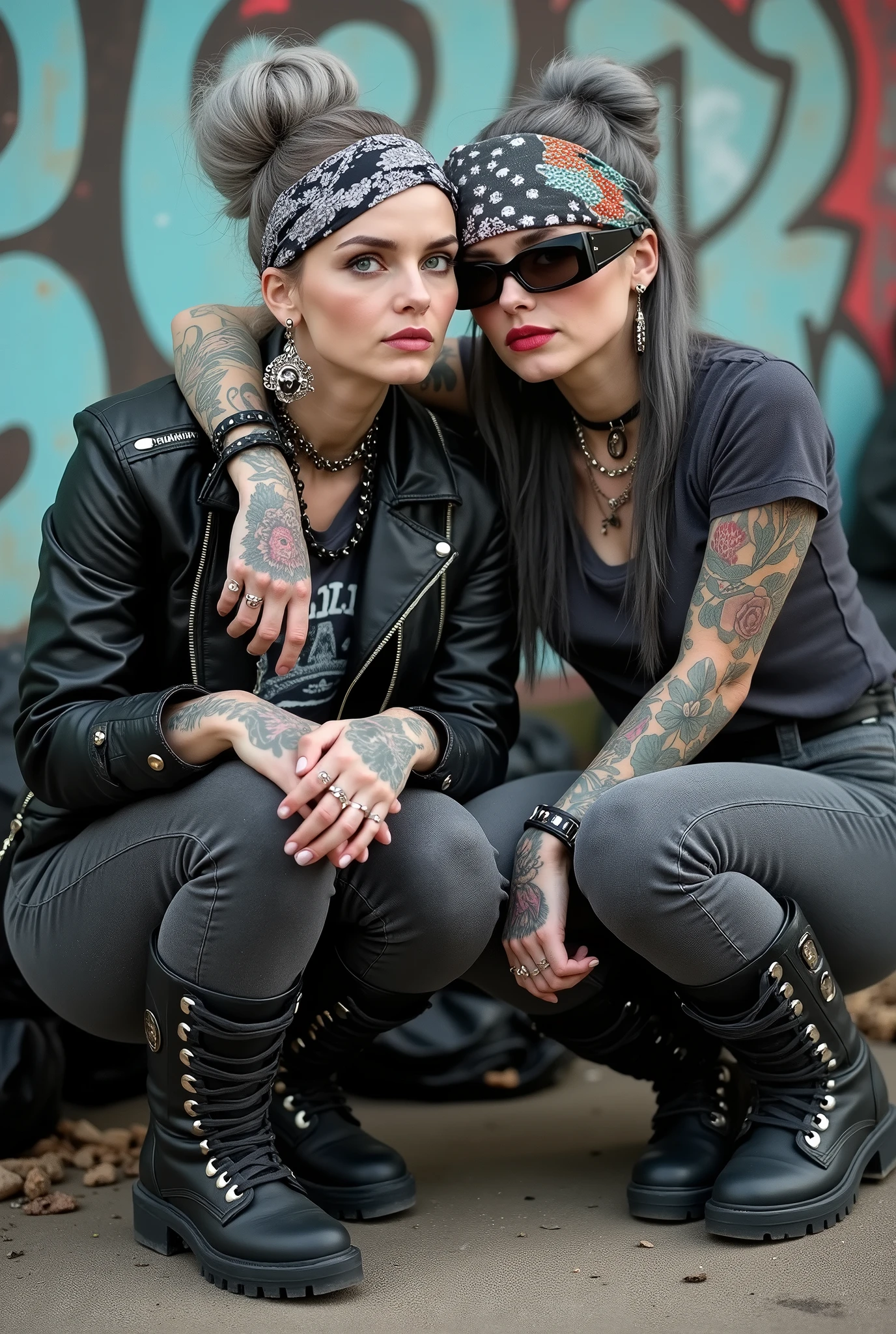 Two russian milf women, one with the arm over the shoulder of the other (who feels a bit dizzy). grey hair (one: bouffant, top bun. The other, straight and middle part}and one wearing oversized square sunglasses and wide colourful bandana as headband), with very light green eyes, extremely pale. Big lips. No tan. Wearing aged black moto jacket (zippers on the side, skull and bones pins). Both: different old worn grey t-shirt with rock band logo. Both:, dark grey worn jeans {with holes on knees) tucked in black leather knee high boots. . Lots of thick wide studded bracelets, chain collars and big rings. Both, high boots. Tacky wide studded leather belt with big skull and bones oval buckle. Long earrings with chains and feathers. Squatting with hands on knees or lap, stretching her neck, craving., Neck, chest, stomach and wrists heavily tattoed. Toned abdominals, thin neck, slim legs and thin arms. Narrow hips and slim legs. Black leather studded tote bags. Graffitied wall behind, waste on the groun and piled garbage bags around.