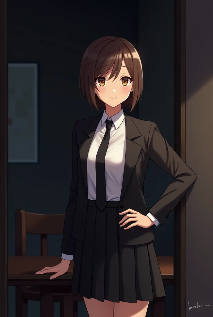 Create the following image: The image shows a young woman with short brown hair, hazel eyes and dark brown skin. She is standing next to a table with one hand resting on her waist and has a small smile on her face.. Wear a white long-sleeved blouse, a black tie, a black jacket and a black pleated skirt. The background is a dark office. anime style