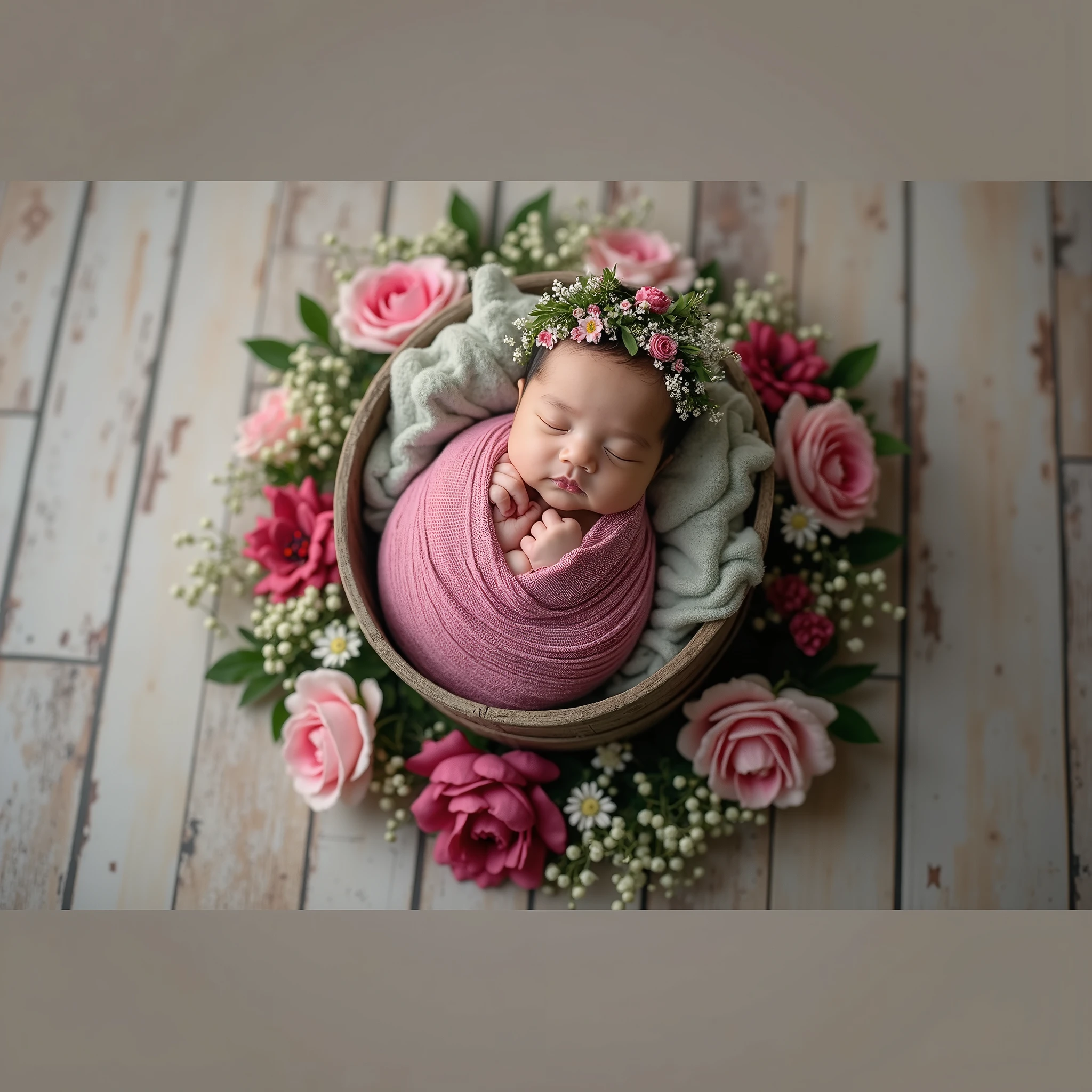 arafed baby in a bucket surrounded by flowers on a wooden floor, wrapped in flowers, wrapped in cables and flowers, wrapped in flowers and wired, covered with flowers, girl in a bed of flowers, covered in flowers, draped in velvet and flowers, bed of flowers on floor, flower child, cozy studio photography, she is in pure bliss, alexa grace