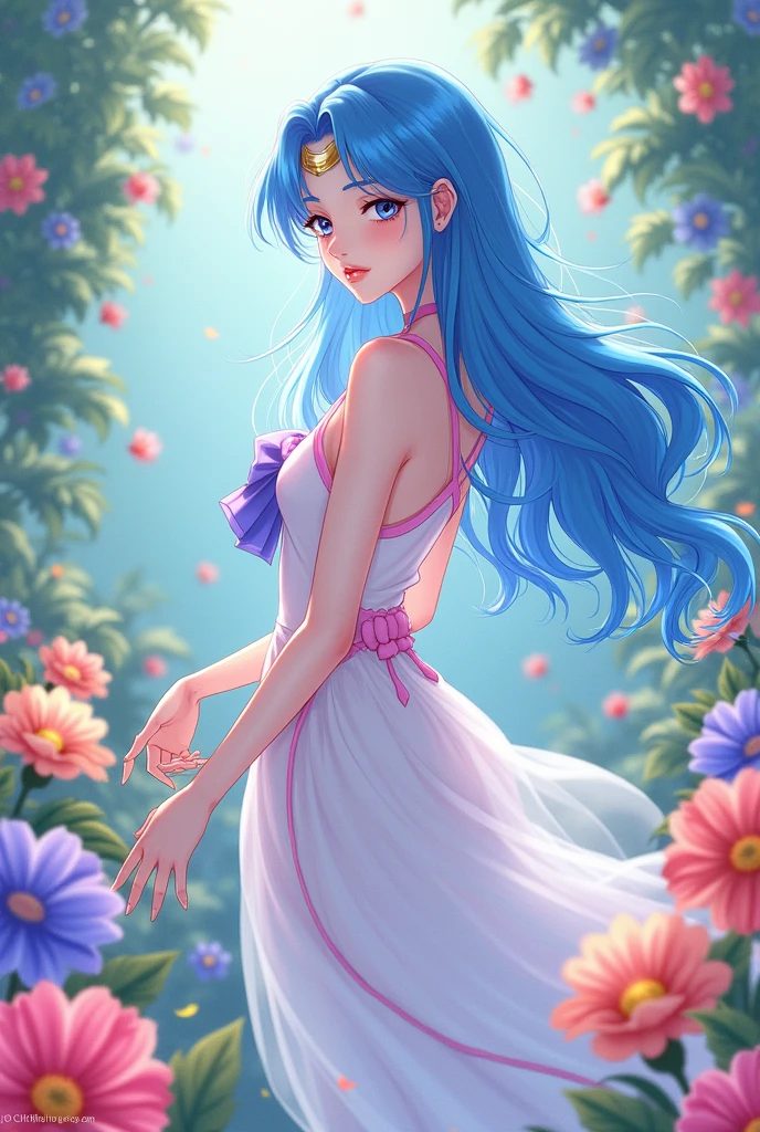 ANIME SAILOR MERCURY FRONT LONG BLUE HAIR..LONG DRESS WITH PINK COLOR..WITH PASSAGE FLOWERS OF ALL KINDS OF COLORS.