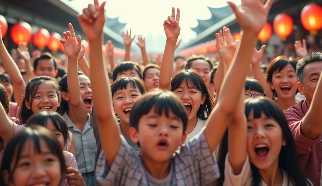 Photorealistic、Ultra HD、Several Japanese people of all ages and genders are celebrating with their arms raised in the air.