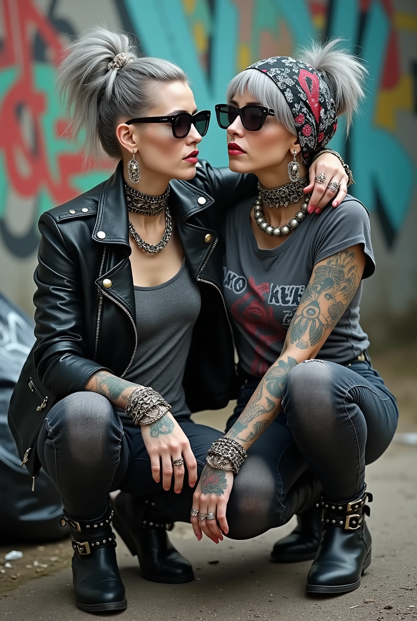 Two russian milf women, one with the arm over the shoulder of the other (who feels a bit dizzy). grey hair (one: bouffant, top bun. The other, straight and middle part}and one wearing oversized square sunglasses and wide colourful bandana as headband), with very light green eyes, extremely pale. Big lips. No tan. Wearing aged black moto jacket (zippers on the side, skull and bones pins). Both: different old worn grey t-shirt with rock band logo. Both:, dark grey worn jeans {with holes on knees) tucked in black leather knee high boots. . Lots of thick wide studded bracelets, chain collars and big rings. Both, high boots. Tacky wide studded leather belt with big skull and bones oval buckle. Long earrings with chains and feathers. Squatting with hands on knees or lap, stretching her neck, craving., Neck, chest, stomach and wrists heavily tattoed. Toned abdominals, thin neck, slim legs and thin arms. Narrow hips and slim legs. Black leather studded tote bags. Graffitied wall behind, waste on the groun and piled garbage bags around.