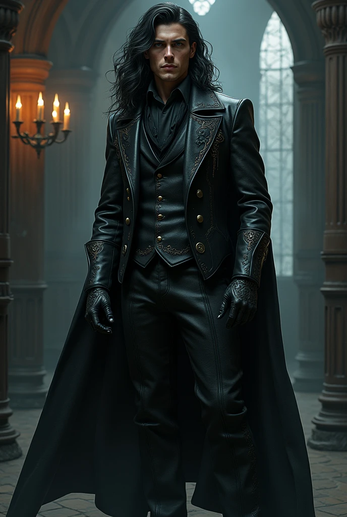 That certainly helps! So your character is a Sorcerer of dark Magic, who lives in a Victorian style world and is 20 years old. He's a tall, athletic person and has pale grey eyes and long black wavy hair. He also wears a leather suit of some kind. He's extremely hot and eye-catching