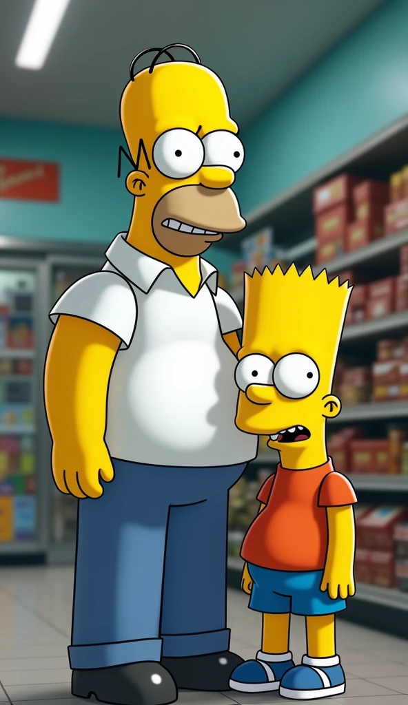 Create a realistic image of Homer Simpson and Bart Simpson as if they were real people. Homer is a stocky man with a prominent belly, normal skin tone, and sparse blonde hair with two small bald patches on top. He wears a white short-sleeve shirt and blue pants, with a relaxed and carefree expression. Bart is a child with normal skin tone, spiky blonde hair, and wears a red T-shirt and blue shorts. He has a mischievous and energetic smile. Homer looks at him with a mix of exasperation and affection. The scene should be set in a familiar environment, such as a grocery store or a park, to reflect the father-son dynamic.
To capture the image, use a high-resolution camera with a 24-70mm f/2.8 lens, setting the aperture to f/4 to keep both subjects in focus. Set the ISO to 400 and the shutter speed to 1/125s. Light the scene with a soft light from a 45-degree angle to highlight details and avoid harsh shadows. Use a reflector or a fill light to soften shadows on Homer and Bart's faces. Add a soft background light to illuminate the setting without distracting from the main subjects.
