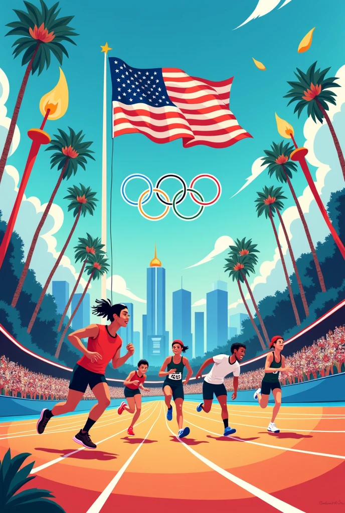 I need a promotional poster for the 2028 Olympic Games in Los Angeles, United States, to draw easily with the United States flag and Los Angeles tourist candles in a cartoon