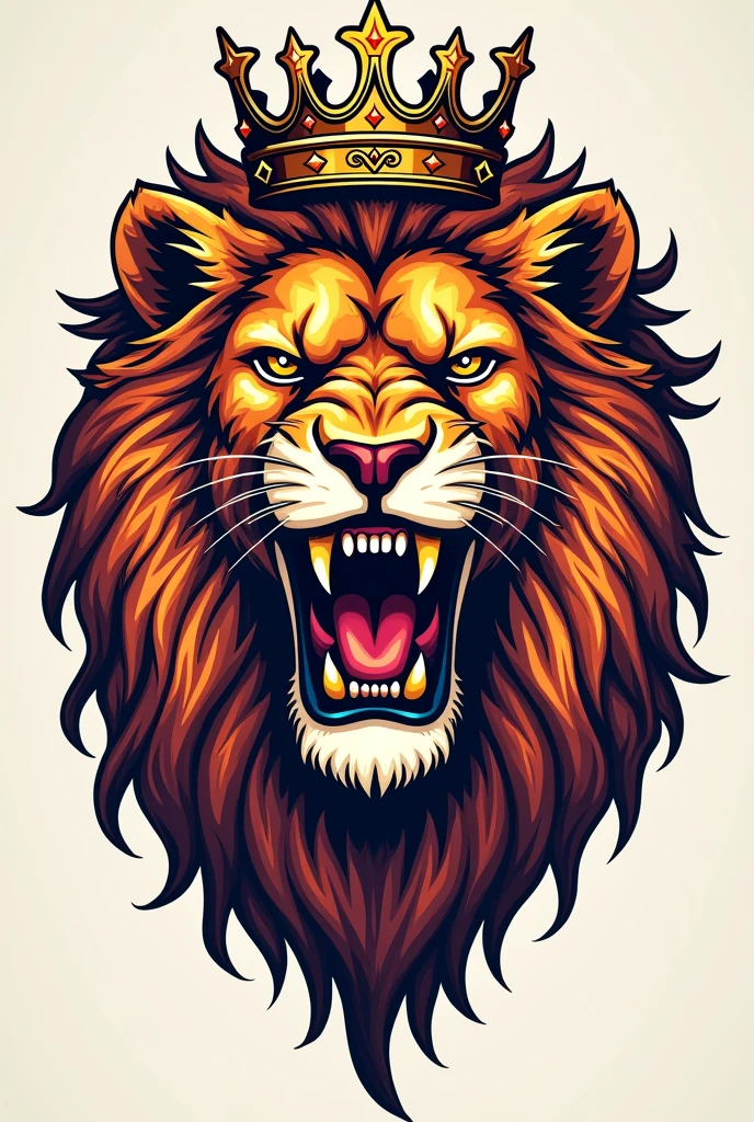 Create a tattoo of a roaring lion head in color with a crown in its mane that does not go below the pectorals


