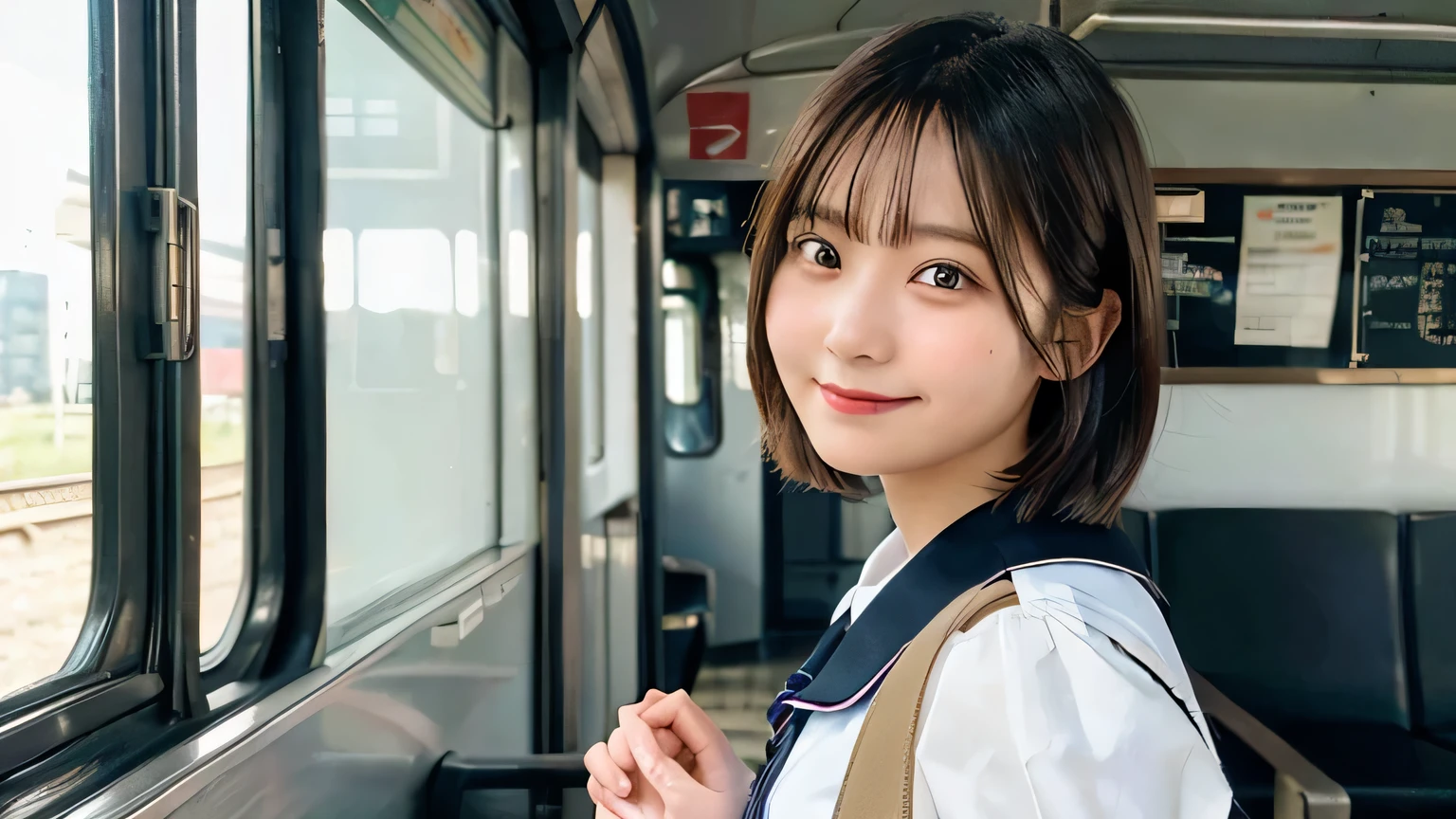 (Highest quality,masterpiece:1.3,Ultra-high resolution),(Very detailed,Caustics,8k),(Realistic:1.4,RAW shooting,Detailed face),(Girl in the light of the window),(Girl hoLDing on to a strap)LD,cute,Black short bob,A kind smile,(in the train),(Are standing),Looking into the camera,School Sailor Uniform,big ,Waist up shot,Side Shot,Natural light,
