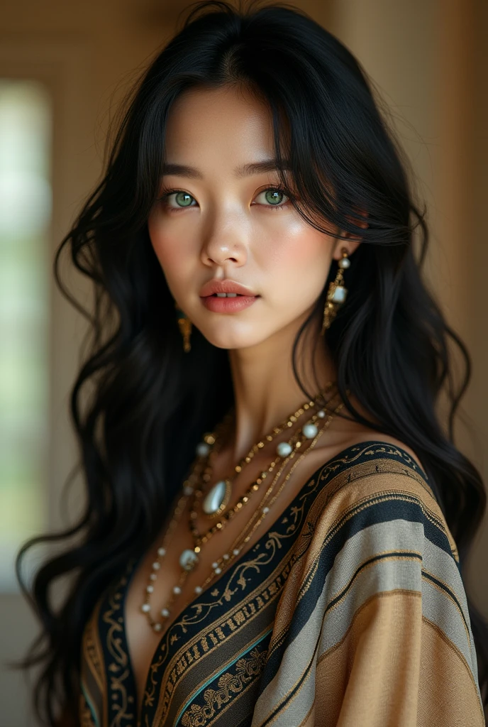 Physical Characteristics of Lily Yong Hair:
Farbe: black deep.
length: far away, falling gently to halfway down the back.
texture: smooth and shiny, with a slight wave at the ends, giving an elegant and fluid appearance.
styled: Usually loose, with a slight middle parting or a touch of subtle waves.
eyeballs:
format: large and almond-shaped.
Farbe: Intense emerald green or deep blue (depending on lighting, may vary).
expression: deep and expressive, conveying a mixture of determination and serenity.
Skinned:
tom: lightens, with a smooth and uniform touch.
texture: Smooth and flawless, with a slight healthy glow, reflecting a vibrant and youthful appearance.
Physical Constitution:
Tipo de Farbepo: slender and well-proportioned.
Height: average, but with a striking presence.
stance: Elegant and confident, with a posture that conveys strength and grace.
facial features:
muka: Oval with defined cheekbones.
nase: Delicate and well outlined.
lips: Full and well contoured, often with a soft smile.
styled de Vestimenta:
badass clothing: Mixture of modern and ancient Egyptian elements. It can include flowing dresses or sets that combine lightweight fabrics with details inspired by Egyptian art., like geometric or golden patterns.
Accessories: Subtle and elegant jewelry, like necklaces or earrings, that complement the look without overloading it.
