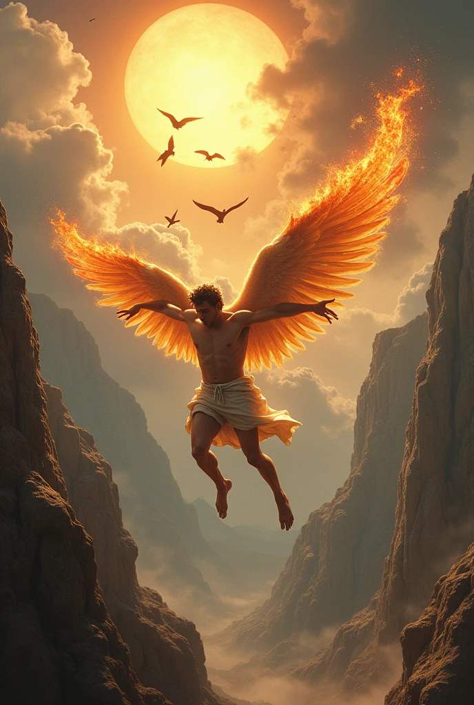 A scenario in Olympus, based on the flight of Icarus make Icarus burning his wings close to the sun, with wings on fire, falling spinning without one of his wings and unable to maintain flight With some birds close to him