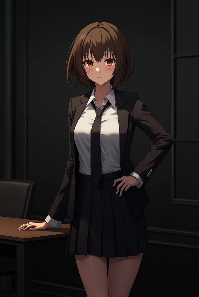 Create the following image: The image shows a young woman with short brown hair, hazel eyes and dark brown skin. She is standing next to a table with one hand resting on her waist and has a small smile on her face.. Wear a white long-sleeved blouse, a black tie, a black jacket and a black pleated skirt. The background is a dark office. anime style