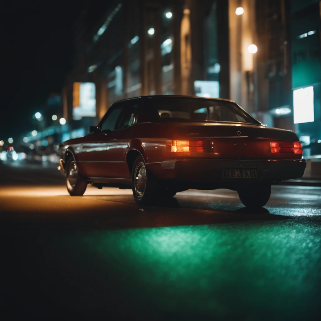 A car in the glowing city lights