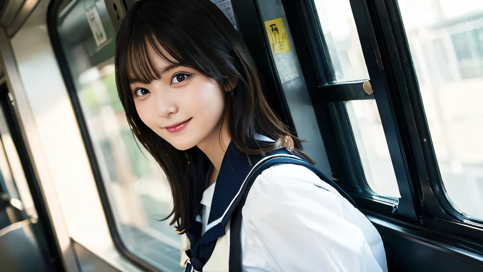 (Highest quality,masterpiece:1.3,Ultra-high resolution),(Very detailed,Caustics,8k),(Realistic:1.4,RAW shooting,Detailed face),(Girl in the light of the window),(Girl hoLDing on to a strap)LD,cute,Black short bob,A kind smile,(in the train),(Are standing),Looking into the camera,School Sailor Uniform,big ,Waist up shot,Side Shot,Natural light,