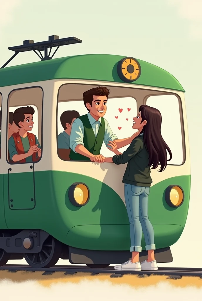 An image where a green and white train appears without a design and inside there is a driver with a green vest and a light blue shirt (greeting) y afuera esté una chica con cabello oscuro y largo greeting al conductor con jean celeste, White shoes, and black jacket, and the girl has a sign that says I love you showing it to the driver. like a cartoon