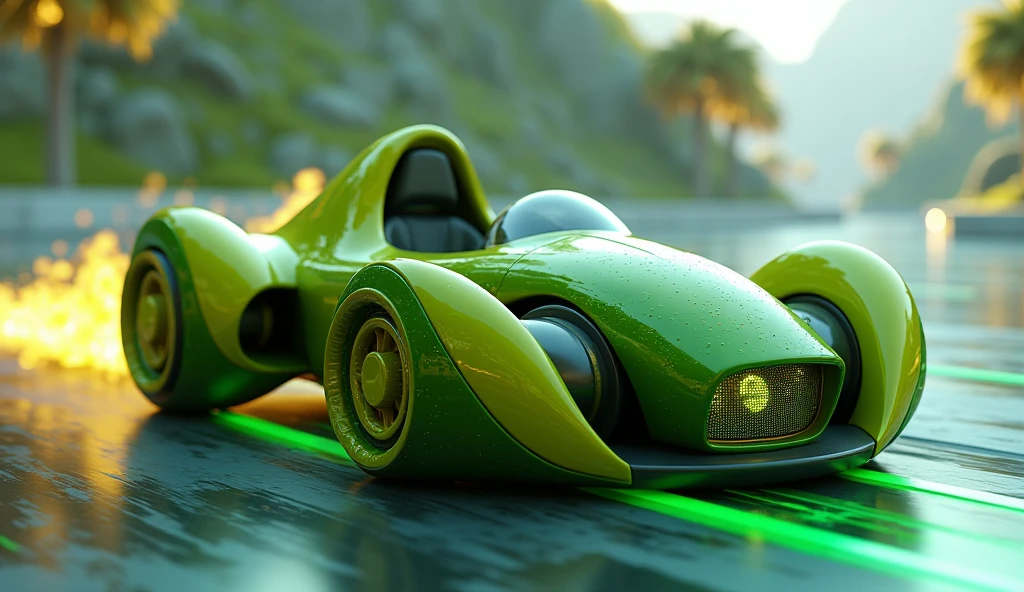 “High-quality, hyper-detailed 3D rendering of a sci-fi go-kart shaped like an avocado, designed with a futuristic aesthetic. The avocado’s pit is reimagined as the vehicle’s powerful energy core, glowing with a neon green light. The outer shell of the avocado forms the sleek, aerodynamic body, with the peel creating dynamic, flowing lines. The kart features advanced tech elements, like hover engines and futuristic controls, blending the organic shape of the fruit with cutting-edge design. Set against a vibrant, sci-fi racing track background, capturing the playful yet innovative style of ‘Gatring3.’”