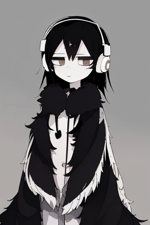 simple background, (Best Quality, masterpiece, raw photo,ultra detailed:1.2), 1 chico, alone,looking at the viewer, Pale skin, black fur, black sclera, white eyes, neutral expression ,Emotional disconnection, Taking off a gaming headset with a confused expression, looking around as if not recognizing his surroundings.