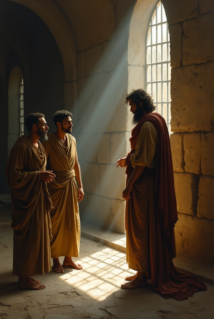 Biblical character Joseph talks to two prisoners in prison 