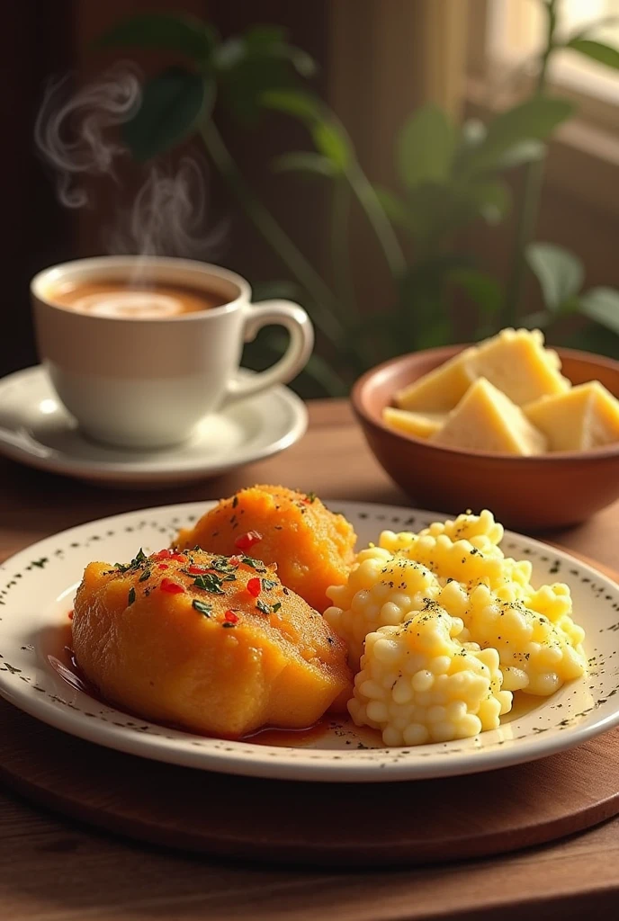 A breakfast: fried yuca, boiled eggs, tea with milk and cheese.