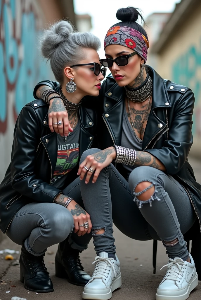 Two russian milf women, one with the arm over the shoulder of the other (who feels a bit dizzy). grey hair (one: bouffant, top bun. The other, straight and middle part}and one wearing oversized square sunglasses and wide colourful bandana as headband), with very light green eyes, extremely pale. Big lips. No tan. Wearing aged black moto jacket (zippers on the side, skull and bones pins). Both: different old worn grey t-shirt with rock band logo. Both:, dark grey worn jeans {with holes on knees). White tennis sneakers. . Lots of thick wide studded bracelets, chain collars and big rings. Both, high boots. Tacky wide studded leather belt with big skull and bones oval buckle. Long earrings with chains and feathers. Squatting with hands on knees or lap, stretching her neck, craving., Neck, chest, stomach and wrists heavily tattoed. Toned abdominals, thin neck, slim legs and thin arms. Narrow hips and slim legs. Black leather studded tote bags. Graffitied wall behind, waste on the groun and piled garbage bags around.