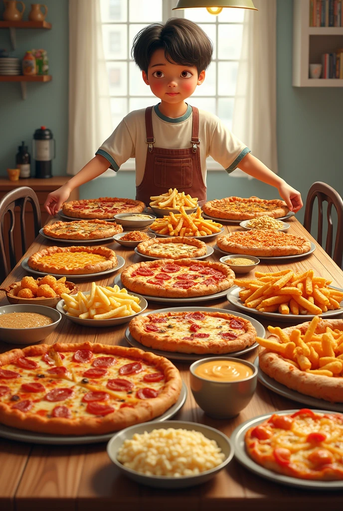 table de cuisine type USA XXL avec des frites, pizzas, tenders de poulet, des fromages bien gras et du beurre de cacahuète présenté par un étudiant