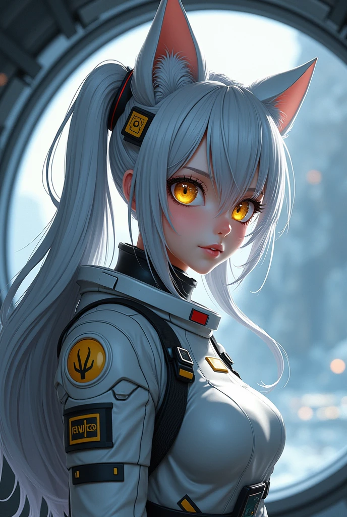 masterpiece, best quality, 1girl, spacecraft interior, spacesuit, upper body, from side, science fiction, yellow eyes, twintails, silver hair, cat ears, looking at viewer,