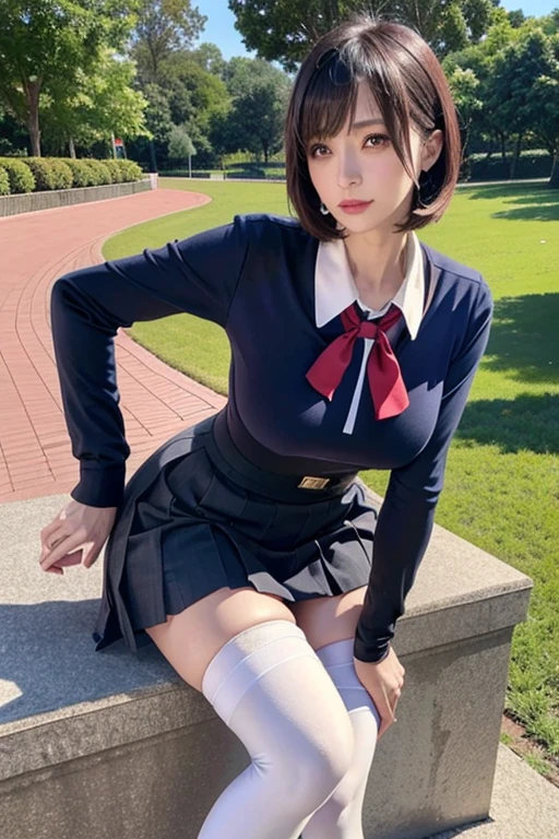 4K、Sharp focus、Realistic, High resolution, 1 Female, Mature Woman, alone, Hip Up, View the viewer, (Detailed face), Short Bob, school uniform, mini skirt、Ample breasts、(Over the knee socks)、Curved waist、