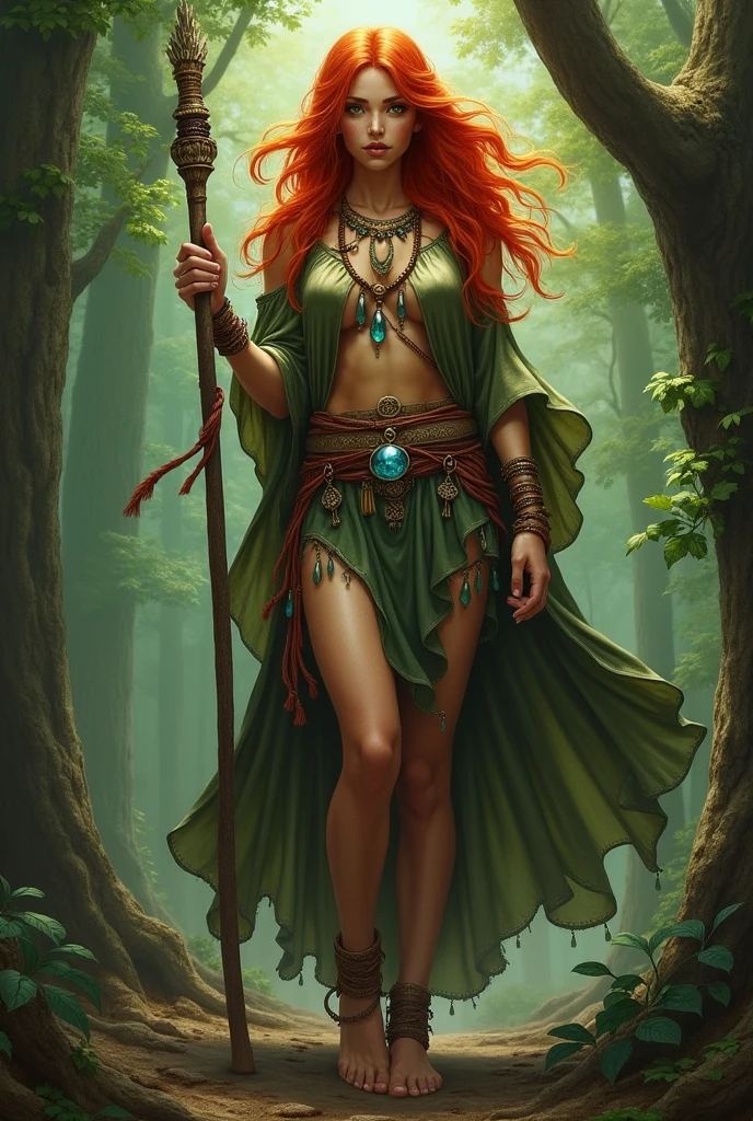She's an impressive woman, with a presence that mixes strength and mystery. Your hair is long, thick and vibrant red, that resemble the flames of a ritualistic bonfire. The wavy locks fall over her shoulders and back, reflecting light with an intense shine, as if each thread was charged with vital energy.
His face is marked by strong and defined features, with arched eyebrows that frame his piercing eyes. Those eyes, deep green, seem to see beyond the physical world, connecting with the spirit of nature and the secrets of the universe. They shine with ancient wisdom, fruit of years of shamanic knowledge and magical practice.
Her body is curvy and powerful, exuding a robust and unshakable femininity. His shoulders are broad and firm, revealing the strength of those who are in tune with the earth and the elements. Its curves are accentuated, with wide hips and strong thighs that express both sensuality and vigor. Your posture is upright and confident, as that of a natural leader who inspires respect and admiration.
She wears a cloak made of natural fabrics, dyed in shades of green, brown and black, representing your deep connection with the forest and animals. The cloak is adorned with shamanic symbols and amulets made of bones., feathers and stones, each with a particular meaning and an ancestral history.
in your arms, rustic leather and bead bracelets, and on your neck, a necklace with a large crystal hanging from it, pulsating with mystical energy. His feet are bare, in direct contact with the earth, feeling every vibration and flow of energy beneath them.
She carries with her a staff made of ancient wood., decorated with colorful ribbons and small hanging talismans. The staff is both a weapon and a sacred instrument, used in rituals and ceremonies to channel the energy of spirits and nature.