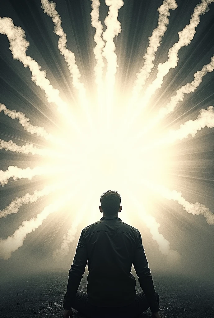 A dynamic shot capturing the moment the device emits a blinding flash of light. The frame is filled with a burst of white light, with faint outlines of John’s silhouette collapsing to the ground, his body illuminated by the intense energy.