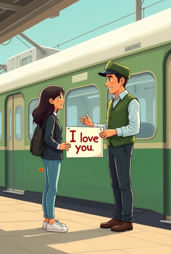 An image where a green and white train appears without a design and inside there is a driver with a green vest and a light blue shirt (greeting) y afuera esté una chica con cabello oscuro y largo greeting al conductor con jean celeste, White shoes, and black jacket, and the girl has a sign that says I love you showing it to the driver and the background is a train station. like a cartoon