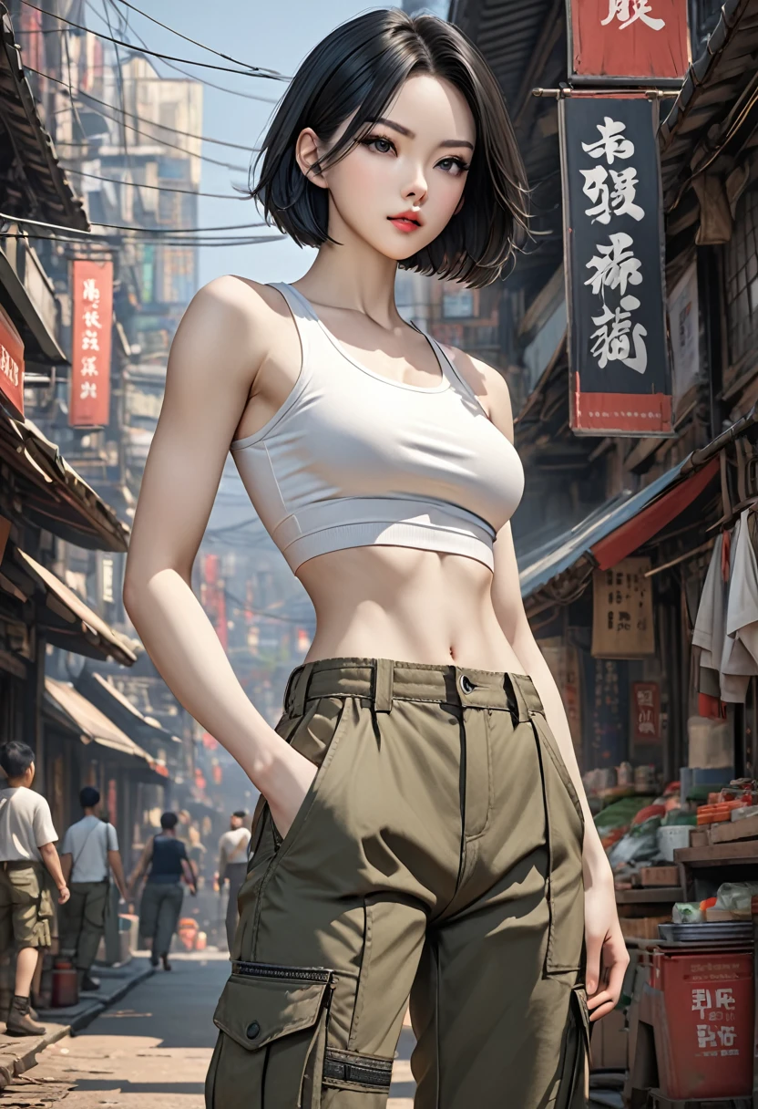 ((best quality)), ((artwork)), ((extremely detailed face)), ((perfect lighting)), ((extremely detailed CG)), ((perfect hands, perfect )) Appearance= 19 Y.O; Tall, Slim Figure, Fit Physique, Well-Toned; Pale Skin; Soft Gray Eyes; Short, Bob Black Hair; Asian Heritage; Sharp Features; Full Lips;
Clothing= Crop Top and Cargo Pants]