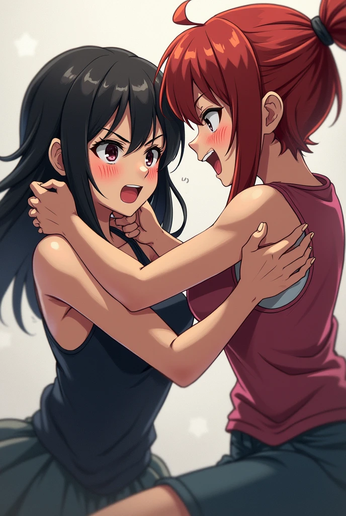 make a chokehold between two women anime style, in which one squeezes the other&#39;s throat with both hands
