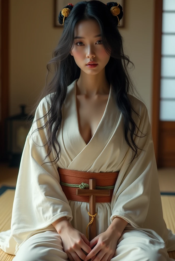 Sit on tatami , pry ,hold wooden cross,, Front view , (Full-body, floor tatami), a Japaneses ancient girl, looking at viewer, exotic Japanese girl is 20 years old,   (Black hair ,long hair, Hime cut, Brown eye, little Lips), (big breasts, wide hip), (Japanese Kimono, obi)  (Christian, framing her face like a White see-through veil), ((Surrealism, Verism, UHD, retina, masterpiece, anatomically correct, accurate, textured skin, super detail, high details, high quality, best quality, highres, 8k))
