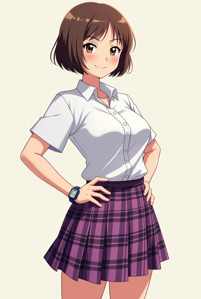 Une lycéenne d'anime aux cheveux courts, carrés et bruns, vêtue d'une chemise blanche et d'une jupe à carreaux violette. Elle est très grande, a de fortes hanches, une poitrine et une montre de sport à son poignet. Elle se tient droite, elle est de face. Elle a un grand sourire fier et un regard intelligent.