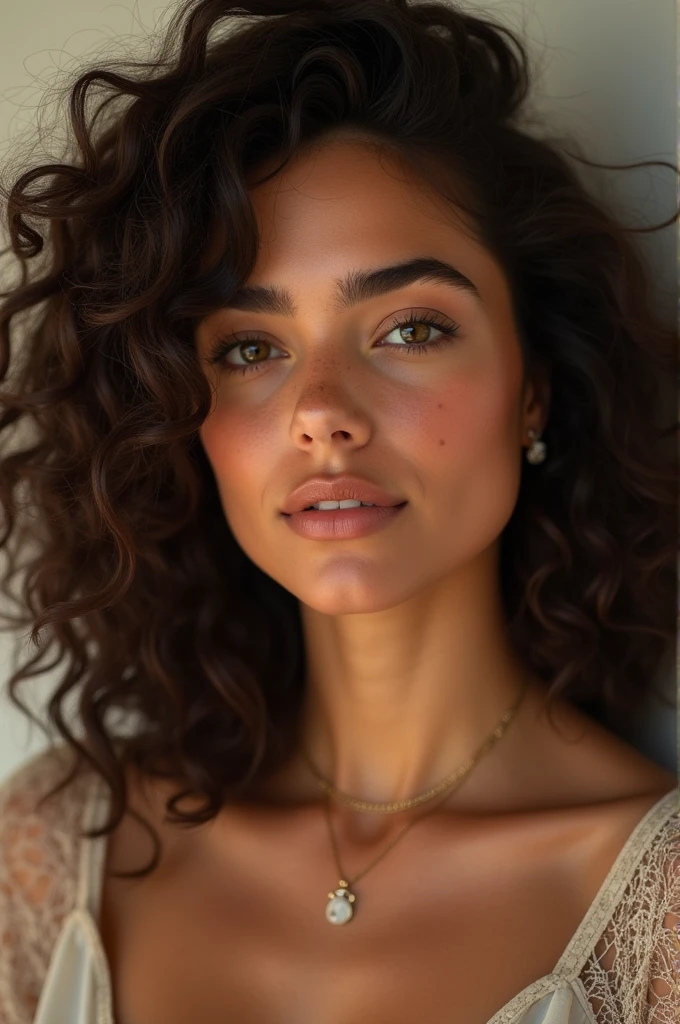 Mariana was a tall 1 woman, He was about 1,79m, and her body was like a model's. Her hair was quite curly, with a 3B curvature, her skin had a warm, tan tone, besides freckles. His eyes were an olive green color., her mouth was a perfectly harmonious size on her face and her nose was delicate, to make you envious. She was the prettiest in school
