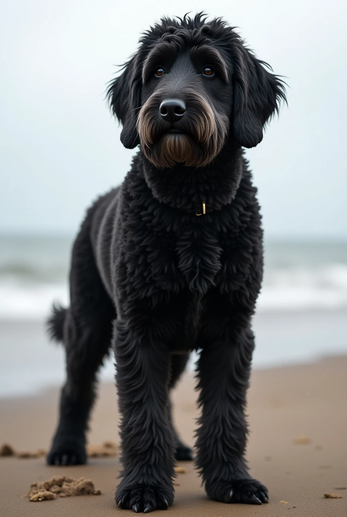 Labradoodle in black and large on the beach without borrowing with grey streaks slightly curly 