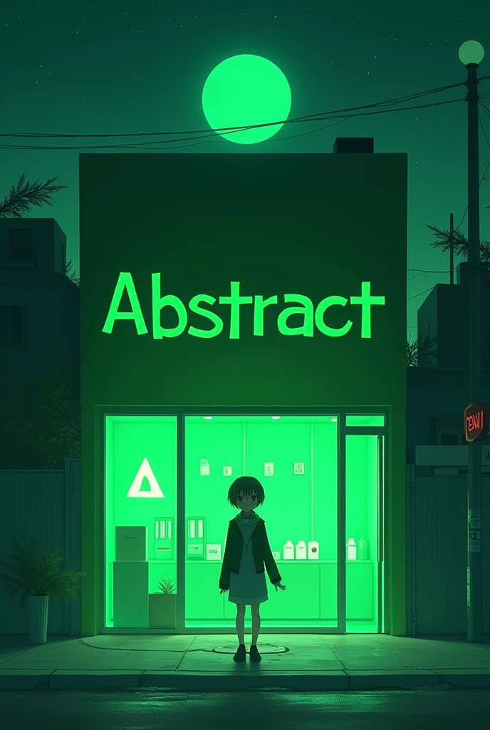 naroti outside a big shop called ABSTRACT in color green at night  green moon. ABSTRACT is written on the building 
