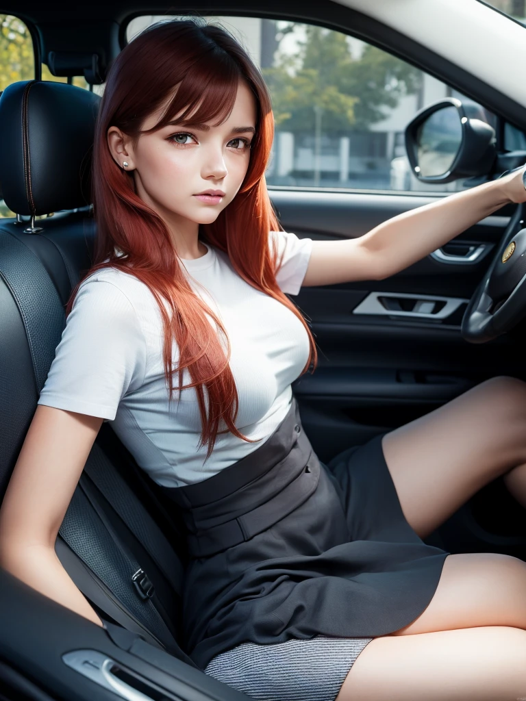 ultra realism,Realistic anatomy,1 girl, small breasts,blushing, bang, Red hair,pensive,наушники airpods max,sits in lotus position in the back seat of a car,school uniform,Mittens,striped gaiters