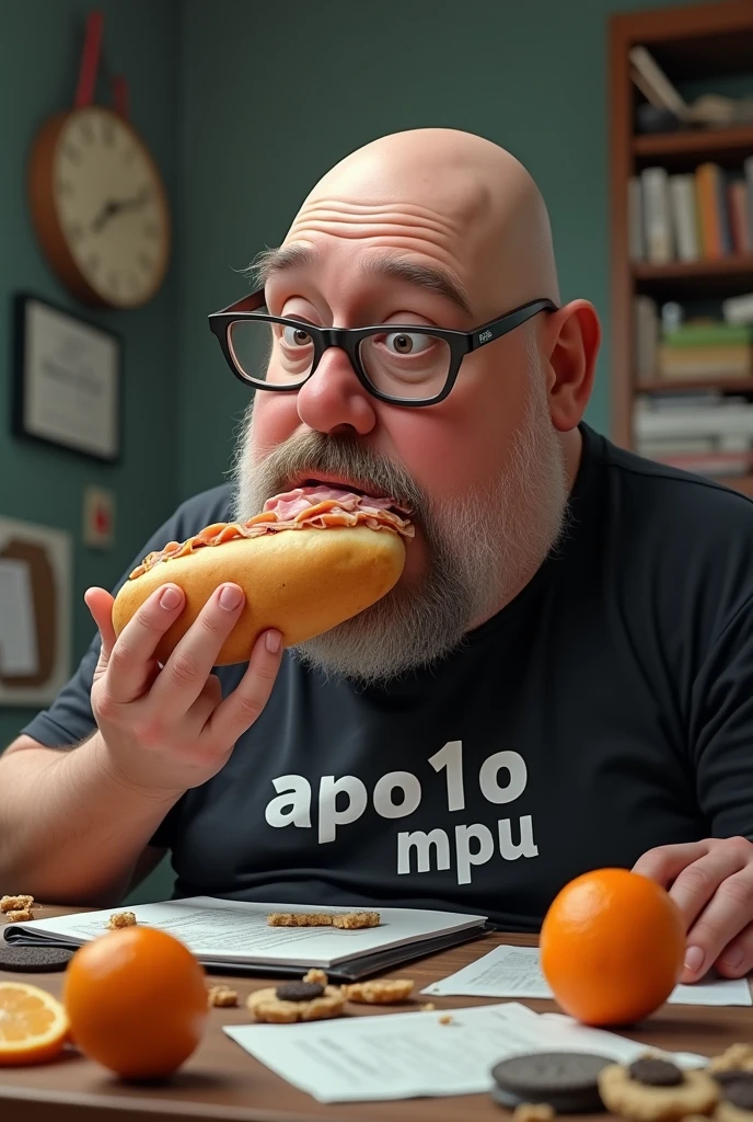 white male, 40 year old, baldie, completely smooth face, no fur, cheeky, Scrawny, but very pot-bellied, wearing glasses and eating baguette with lots of ham. Sitting behind a rather messy desk with a computer, stacks of papers, Oreo crumbs and cookies. Wearing a black shirt with the following phrase: APO1O MPU. some open tangerines on the table.