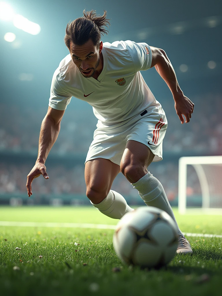 a football player wearing a white shirt kicking towards the goal