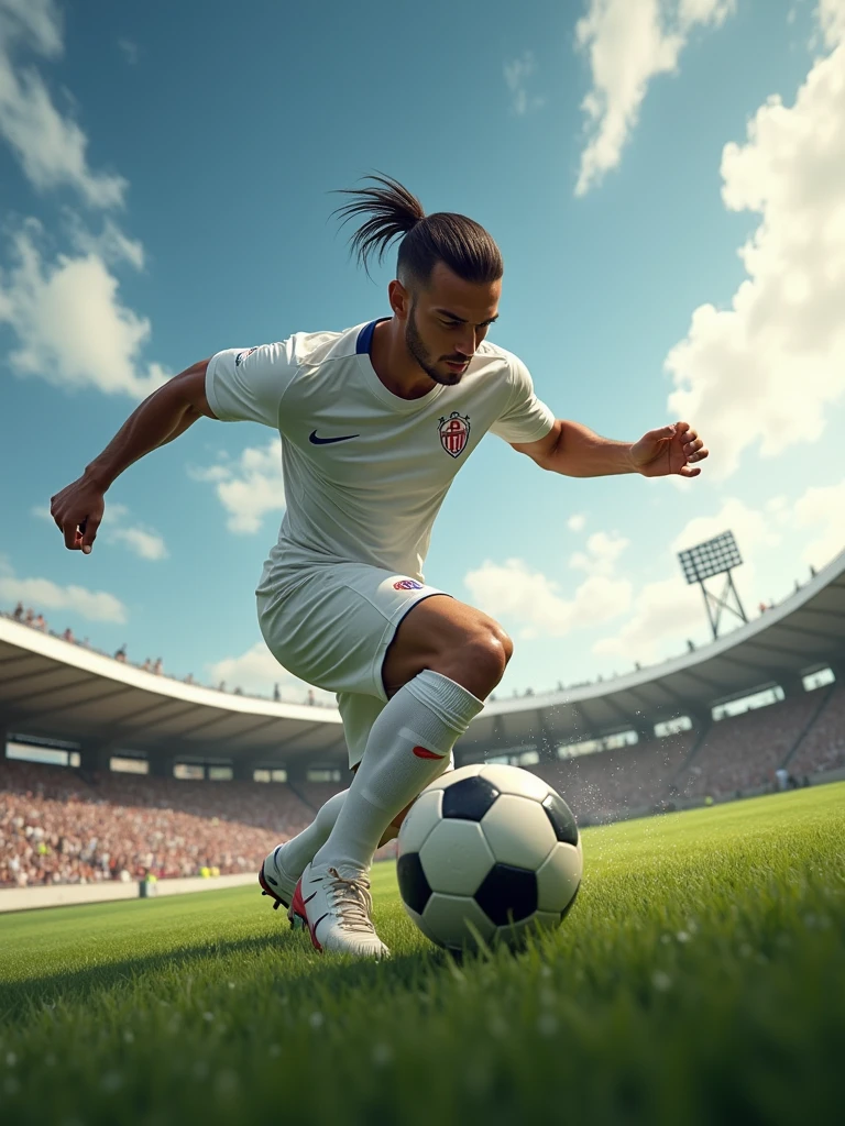 a football player wearing a white shirt kicking towards the goal