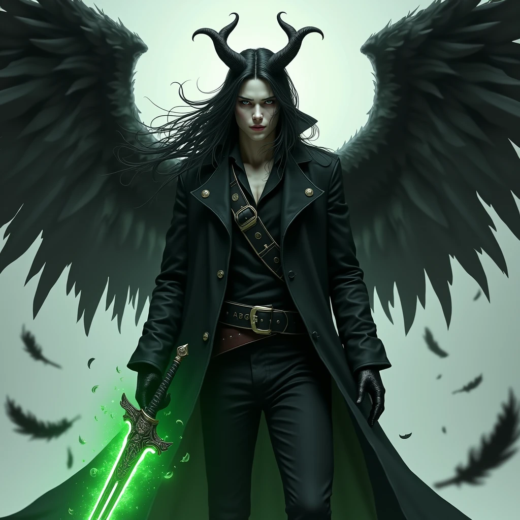 masterpiece, best quality, ultra high res, beatiful, stunning, elegant, incredible details, detailed, aura, flying feathers, (bright green theme:1.1), perfect drawn face, cinematic lighting, ultra-high quality, 8k, full body, man, long flowing black hair, handsome and delicate face, pale white skin, Black overcoat, (no shirt, abs:1.1) green details, black pants, looking at viewer, posing, holding sword, dnd, cifer ulquiorra, armed with a glowing green two handed sword, Black gloves, black high boots, (big angelical black wings:1.2), (black crown with horns:1.2), Simple background, solo, grin, evil looking, dark souls, menacing, (anime style:1.2), floating hair