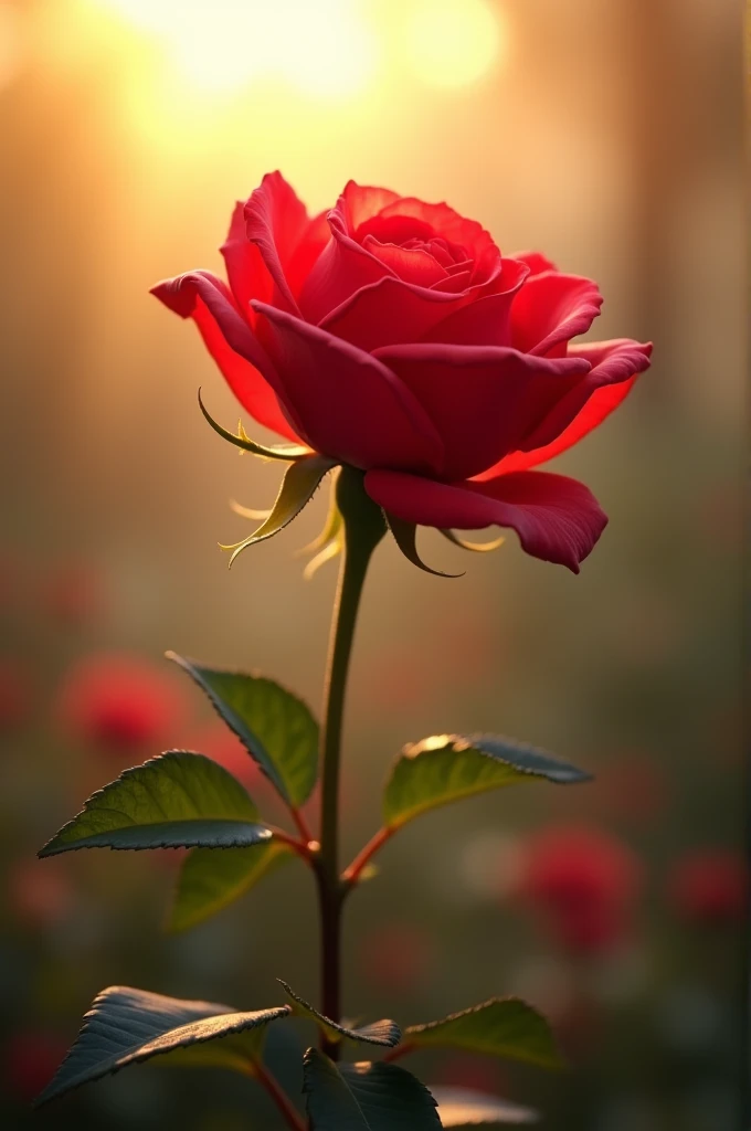 the red rose in the morning and bacround falling the sun