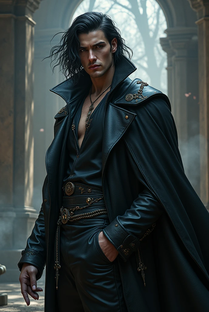 That certainly helps! So your character is a Sorcerer of dark Magic, who lives in a Victorian style world and is 20 years of age. He's a tall, athletic person and has pale grey eyes and long black wavy hair. He also wears a leather suit of some kind. He's extremely hot and eye-catching.
