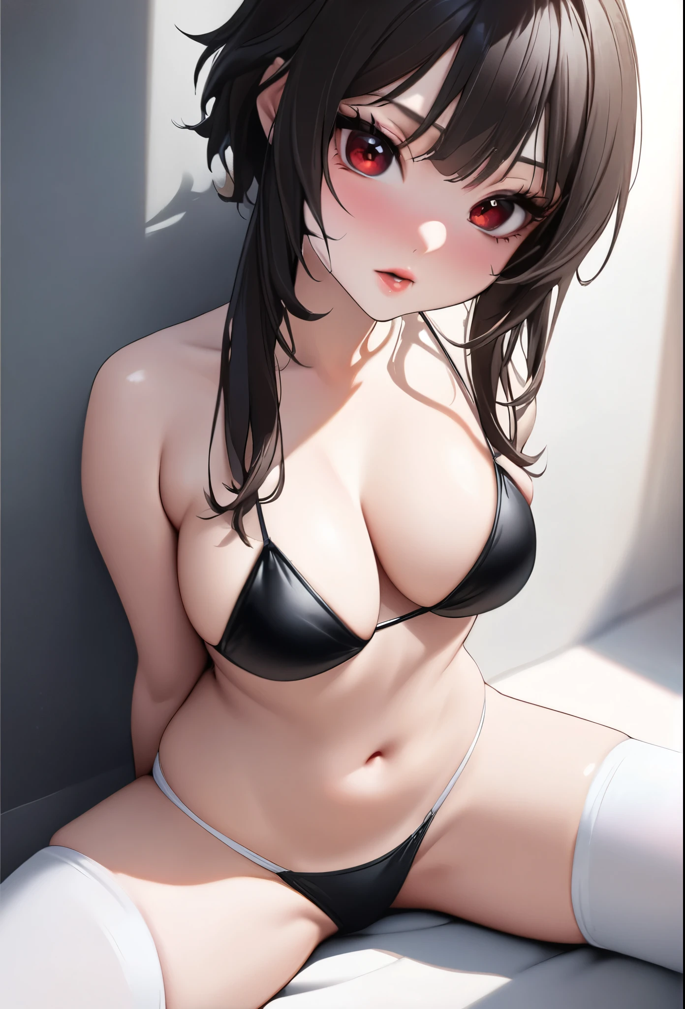 (highest quality:1.2, Very detailed, Latest, Vibrant, Super Detail, Ultra-high resolution, High Contrast, masterpiece:1.2, highest quality, Best aesthetics, there is:0.9), alone, (1 female), Megumin, short hair, black hair, (red eyes:1.3), short hair with long locks, minimal, 1girl, solo, ((black bikini)), red eyes, nose blush, maxi dress, masturbation, self-pleasure, adultery, indecent, vulgar, (best quality,4k,8k,highres,masterpiece:1.2),ultra-detailed,(realistic,photorealistic,photo-realistic:1.37),intricate details, delicate facial features, beautiful eyes, ulzzang, long eyelashes, small nose, full lips, porcelain skin, natural lighting, warm color palette, chiaroscuro lighting, dramatic shadows, sensual, alluring, mature themes, artistic, dreamlike, ethereal, ((arms behind back)), thigh highs, sitting, legs spread, ((white panties)), sideboob, cleavage, looking at viewer, ulzzang,