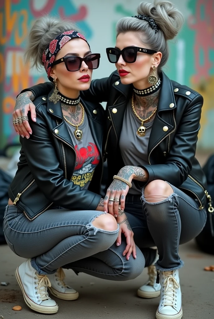 Two russian milf women,  one with the arm over the shoulder of the other (who feels a bit dizzy). grey hair (one: bouffant, top bun. The other, straight and middle part}and one wearing oversized square sunglasses and wide  colourful bandana as headband), with very light green eyes, extremely pale. Big lips. No tan. Wearing aged black moto jacket (zippers on the side, skull and bones pins).  Both: different old worn grey t-shirt with rock band logo. Both:,  dark grey worn jeans {with holes on knees). White tennis sneakers. . Lots of thick wide studded bracelets, chain collars and big rings. Both, high boots. Tacky wide studded leather belt with big skull and bones oval buckle. Long earrings with chains and feathers. Squatting with hands on knees or lap, stretching her neck, craving., Neck, chest, stomach and wrists heavily tattoed. Toned abdominals, thin neck, slim legs and thin arms. Narrow hips and slim legs.  Black leather studded tote bags. Graffitied wall behind, waste on the groun and piled garbage bags around.