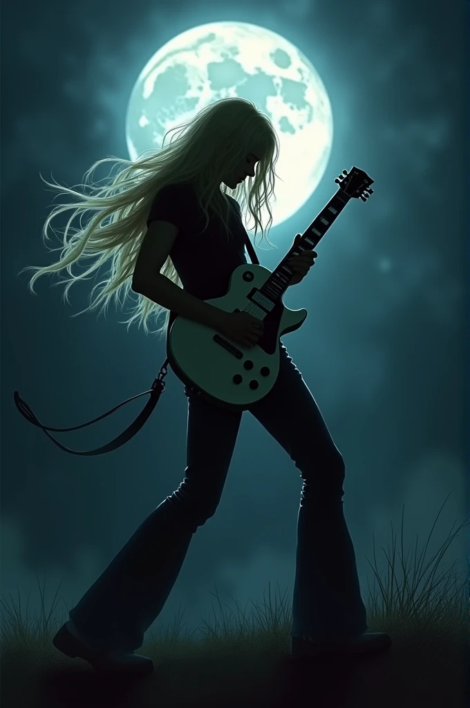 Shadow of a long blond haired guitarist with a white Ler Paul guitar in the moonlight