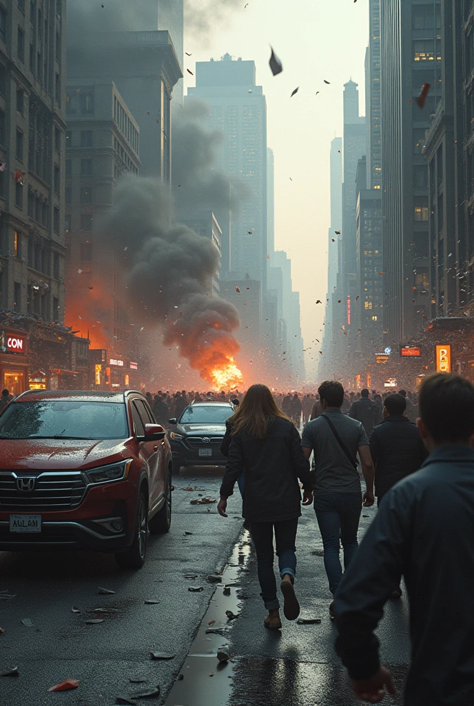 Create chaos in a city with crashed cars and scared people running everywhere