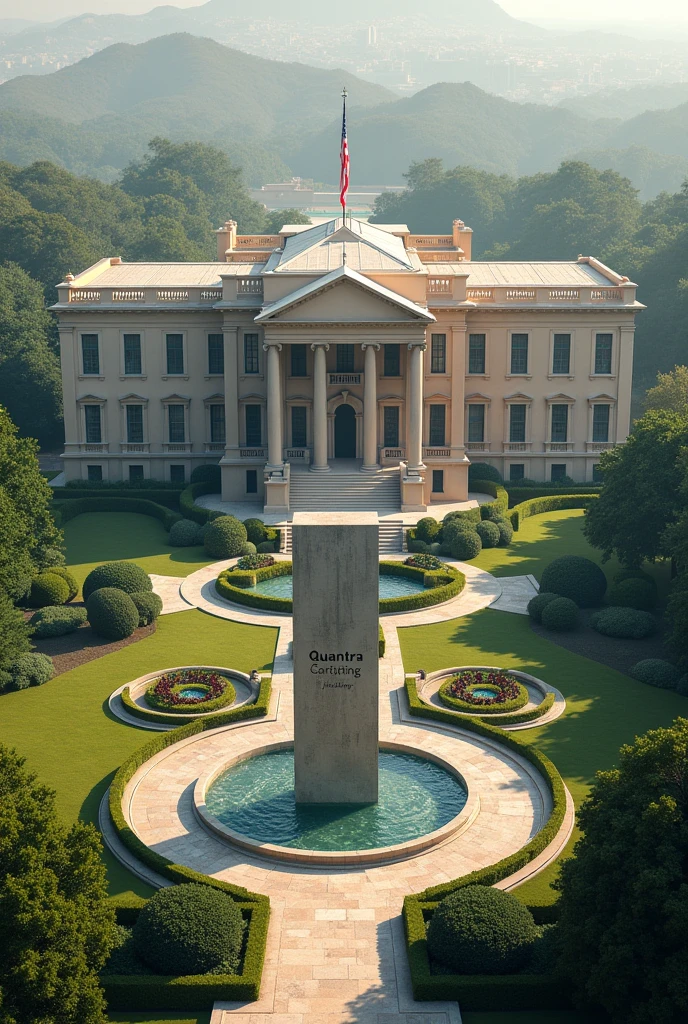 Create an embassy with American architecture and a concrete written QUANTRA Global Holdings where is the writing I want it to be on it's own compound 