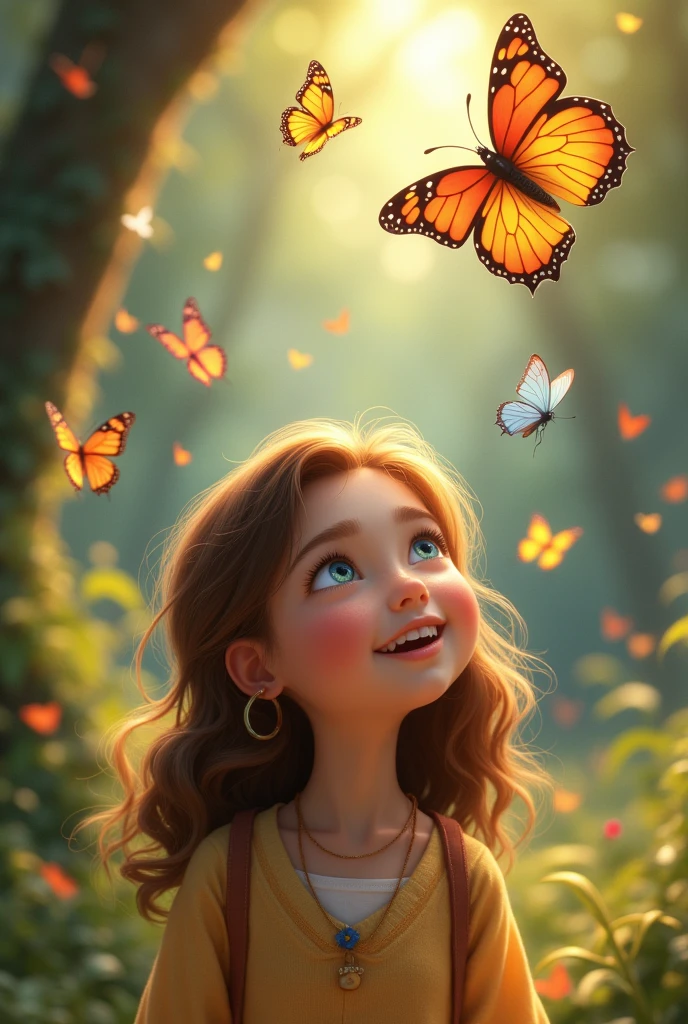 A group of vibrant butterflies flying around. Carly is looking up at them with wide eyes, a little smile on her face.